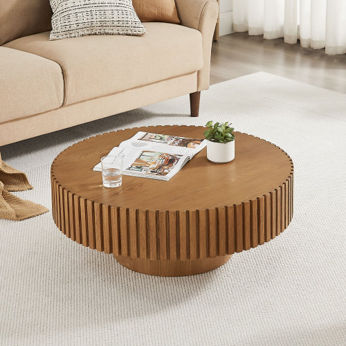 Modern 35.43-Inch Round Brown MDF Coffee Table with Pedestal Base