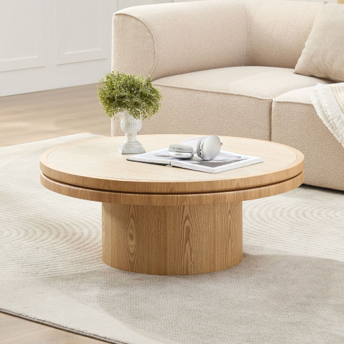 Natural 35.43-Inch Round Coffee Table with Stone Top and MDF Base