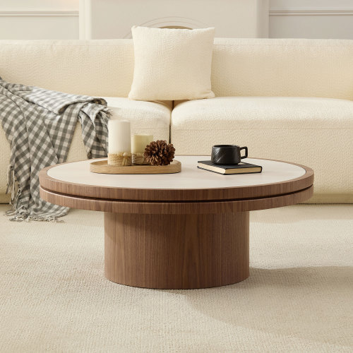 35.43-Inch Walnut Round Coffee Table, Sintered Stone Top, MDF Base