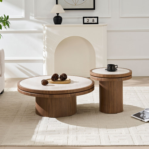 Walnut MDF Round Coffee Table Set, 19.49-Inch and 35.43-Inch