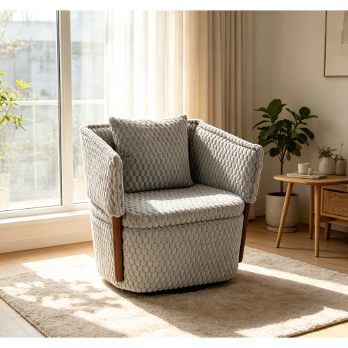 Antique Grey Corduroy Swivel Accent Chair, 28.3-Inch Rubberwood Frame
