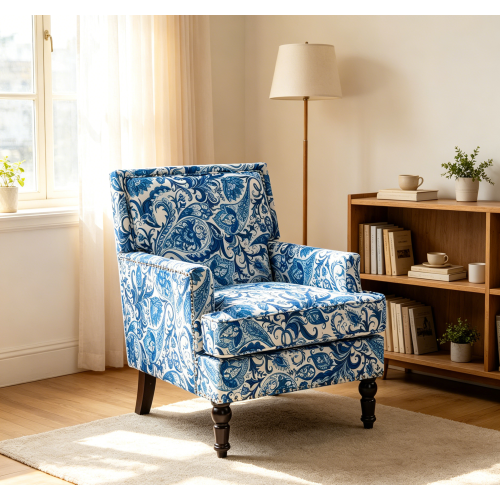 Blue and White Striped Cotton Linen Accent Chair, 27.17-Inch