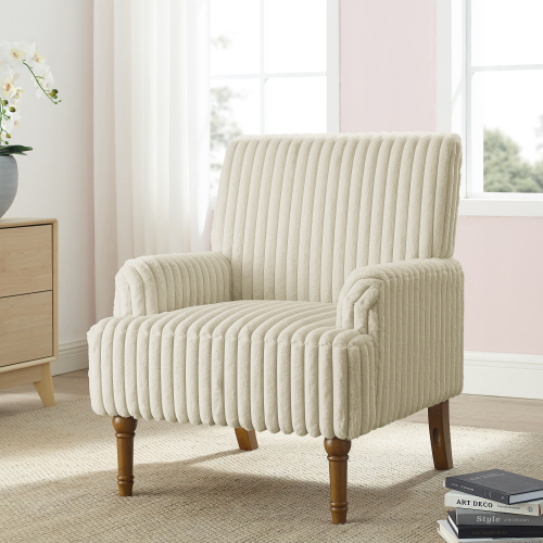 Beige 30-Inch Wide Wale Corduroy Accent Chair with Wood Legs