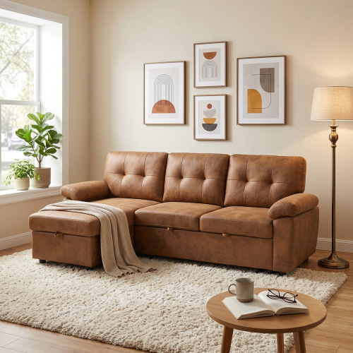 88.5-Inch Light Brown Fabric Sleeper Sectional with Storage Chaise
