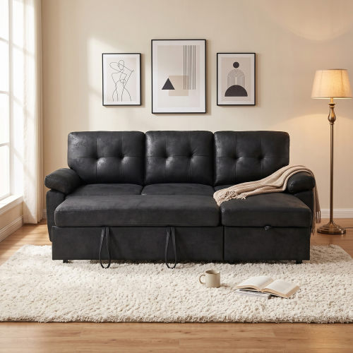 88.5-Inch Black L-Shaped Fabric Sofa Bed with Storage Chaise