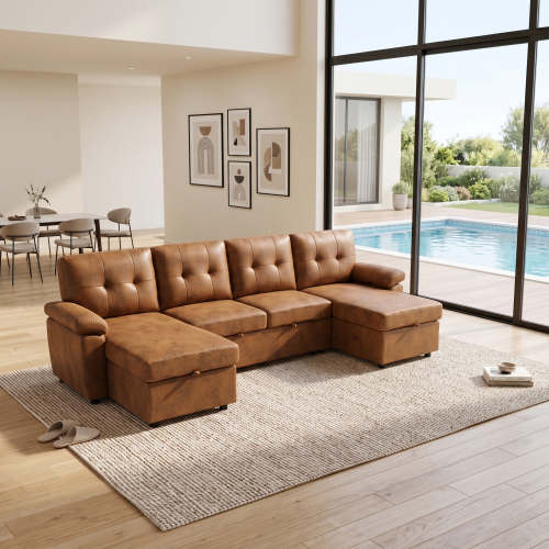 112-Inch Light Brown Pull-Out Sectional Sofa with Dual Storage Chaises