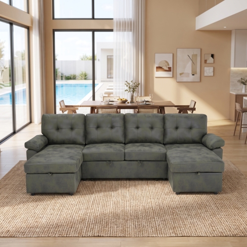 112-Inch Olive Green Polyester Pull-Out Sectional Sofa with Storage