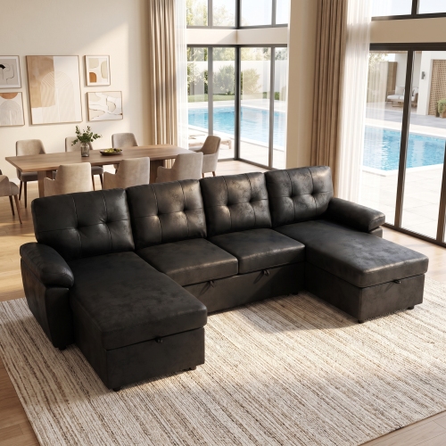 112-Inch Black Pull-Out Sectional Sofa with Dual Storage Chaises
