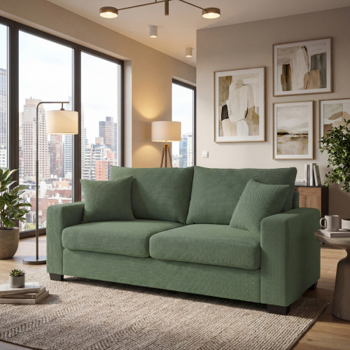 69-Inch Dark Green Polyester Loveseat with Wood Frame and 2 Pillows