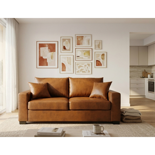 69-Inch Light Brown Polyester Loveseat with Wood Frame and Pillows
