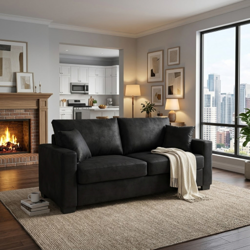 69-Inch Black Polyester Two-Seater Sofa with Wood Frame and Pillows