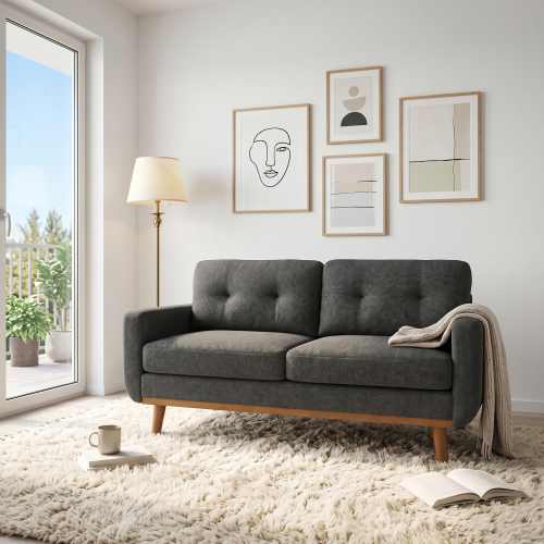 65-Inch Dark Grey Nubby Fabric Loveseat with Solid Wood Legs