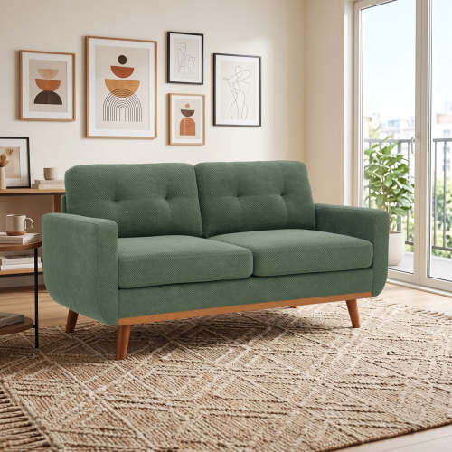 65-Inch Modern Dark Green Nubby Polyester Loveseat with Wood Legs
