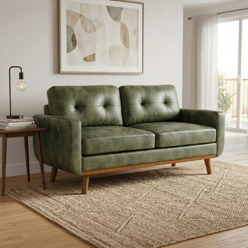 65-Inch Olive Green Polyester Loveseat with Solid Wood Legs