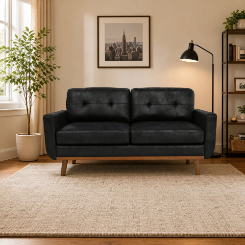 65-Inch Black Mid-Century Wood and Fabric Two-Seater Sofa