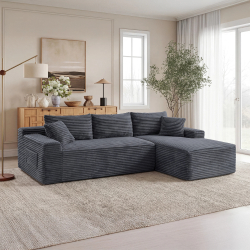 106.3-Inch Gray-R Corduroy 4-Seat Modular Sectional with Chaise