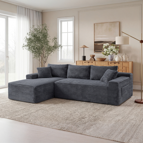 106.3-Inch Gray L-Shaped Corduroy Modular Sectional Sofa, 4-Seat