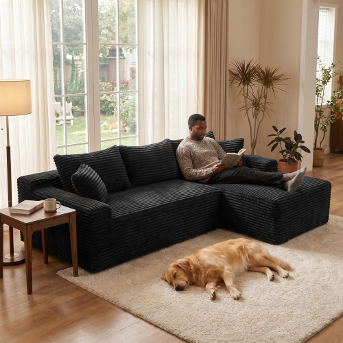 106.3-Inch Black Corduroy 4-Seat Modular Sectional with Right Chaise