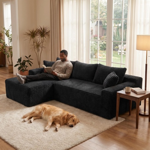 106.3-Inch Black Corduroy 4-Seat Modular Sectional with L Chaise