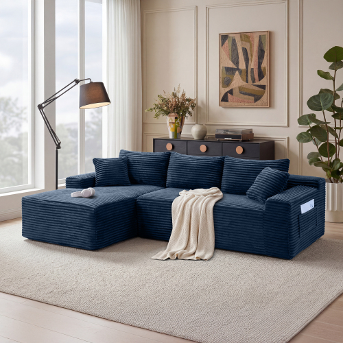 106.3-Inch Blue L-Shaped Corduroy Modular Sectional Sofa, 4-Seat