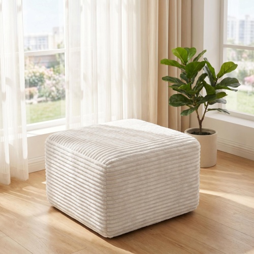 37.5-Inch White Corduroy Square Upholstered Ottoman Footstool