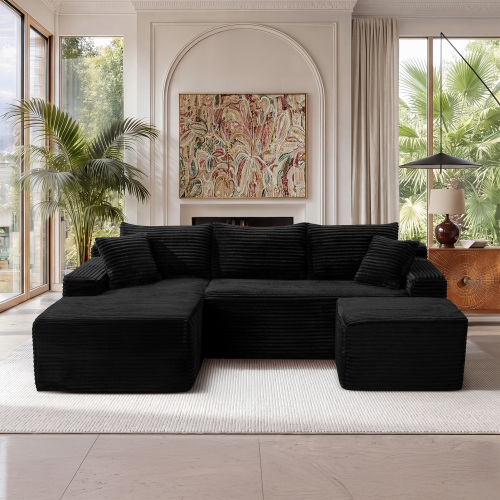 106.3-Inch Black Corduroy U-Shaped Modular Sectional Sofa, 5-Seat - Black - U - L - Corduroy - 5 Seat