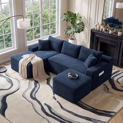 106.3-Inch Blue U-Shaped Corduroy Cloud Sectional Sofa, 5-Seat