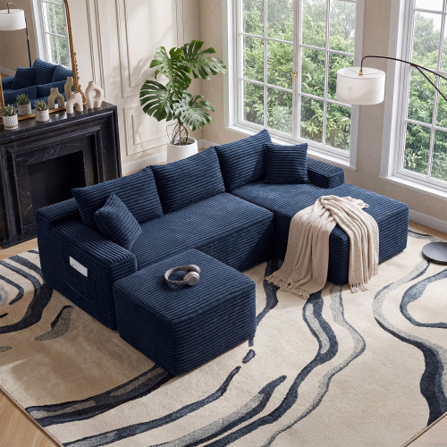106.3-Inch Blue Corduroy U-Shaped Cloud Sectional Sofa, 5-Seat