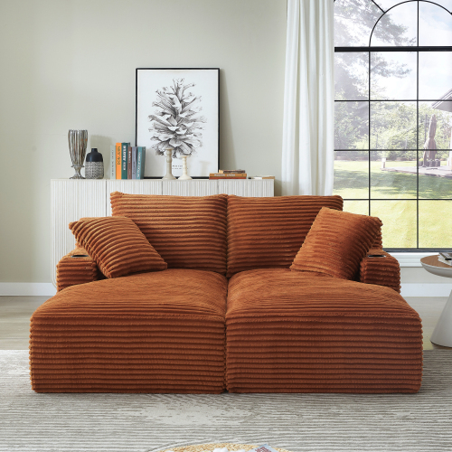 Orange Corduroy 2-Seat Double Chaise Sleeper Loveseat with Cupholders