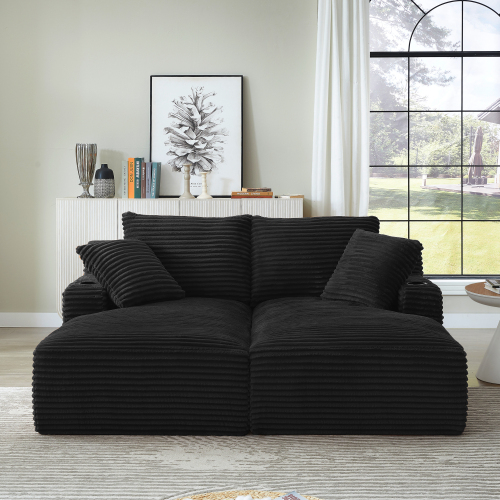 Black Corduroy 2-Seat Double Chaise Sleeper with Cupholders