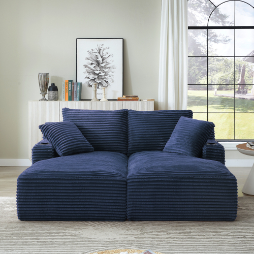 Blue Corduroy 2-Seat Double Chaise Sleeper Loveseat with Cupholders