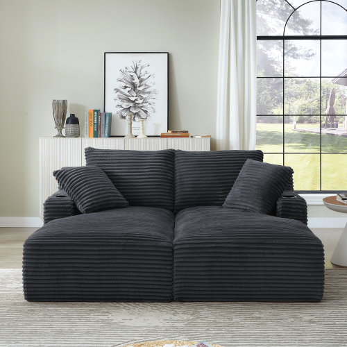 Dark Grey Corduroy 2-Seat Double Chaise Lounge with Cupholders