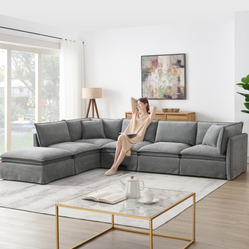 125.5-Inch Light Gray Chenille 6-Seat Modular Sectional Sofa