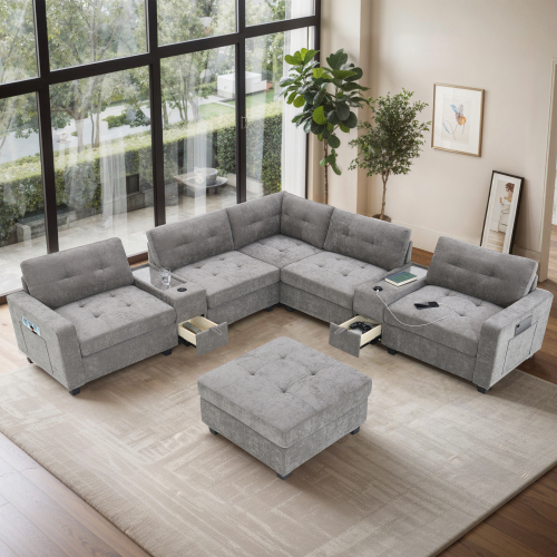 104-Inch Gray Chenille 6-Seat Sectional Sofa with Movable Ottoman
