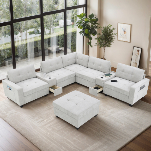 104-Inch Light Gray Chenille Sectional Sofa with Movable Ottoman