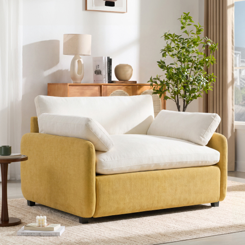 Oversized 50-Inch Cream and Yellow Chenille Accent Chair with Pillows