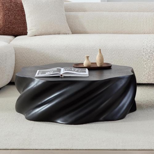 35-Inch Black Fiberglass Petal Coffee Table with Lacquered Finish