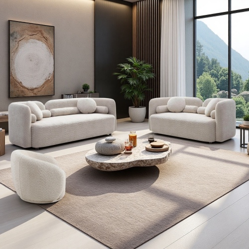 3-Piece Light Beige Boucle Sofa, Loveseat & Swivel Chair Set