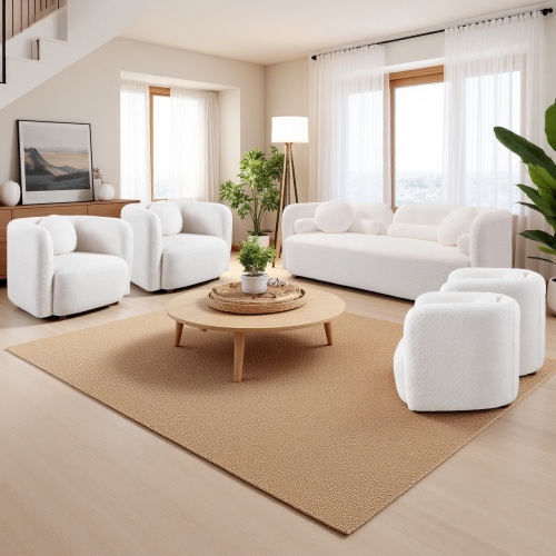 Modern White Boucle 3-Seat Deep Sofa with Eucalyptus Wood Frame