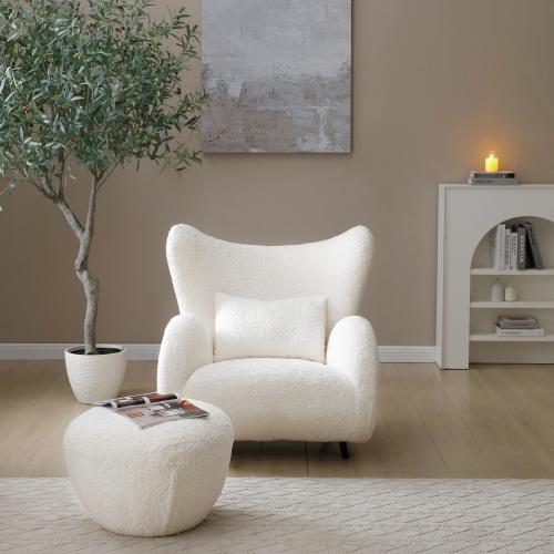 2-Piece White Teddy Fabric Wingback Chair and Ottoman, Eucalyptus Wood