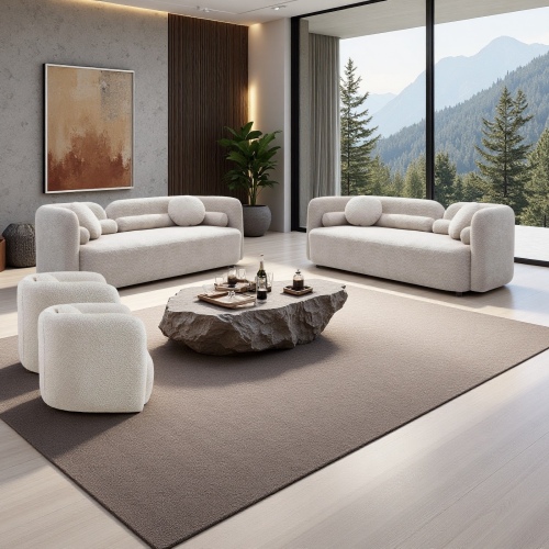 4-Piece Light Beige Boucle Set with Two 3-Seat Sofas and Chairs