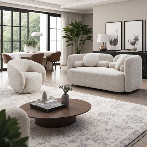 2-Piece Light Beige Boucle 2-Seat Loveseat and Swivel Chair Set