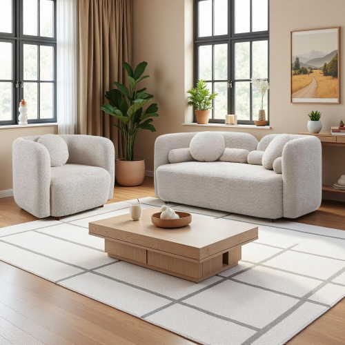 2-Piece Light Beige Fabric 2-Seat Loveseat and Accent Chair Set