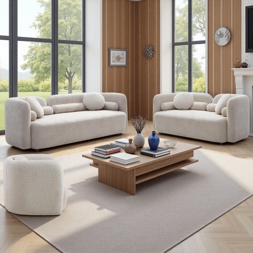 3-Piece Light Beige Polyester Sofa Set with Solid Eucalyptus Frame