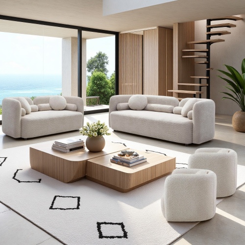 4-Piece Light Beige Boucle Sofa Set with Solid Eucalyptus Wood Frame
