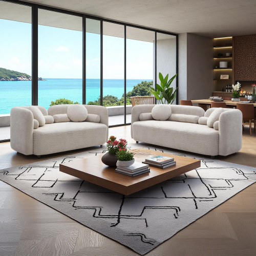 Light Beige 2-Piece Boucle Sofa Set with Solid Eucalyptus Frame