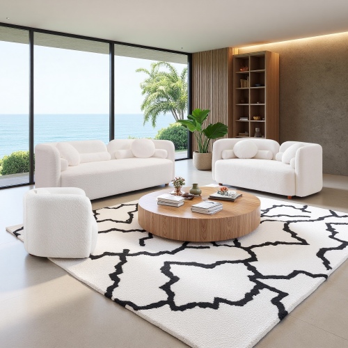White 3-Piece Japandi Fabric Sofa Set with Deep Foam Seating