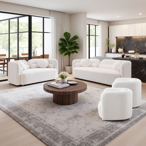 White Fabric 4-Piece Japandi Sofa Set with Deep Foam Seats