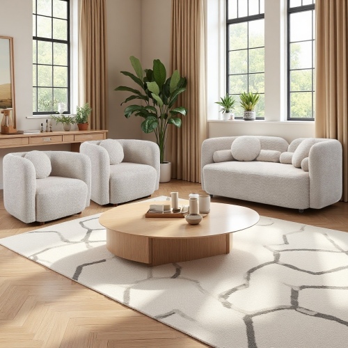 3-Piece Light Beige Fabric Loveseat and Accent Chair Living Room Set