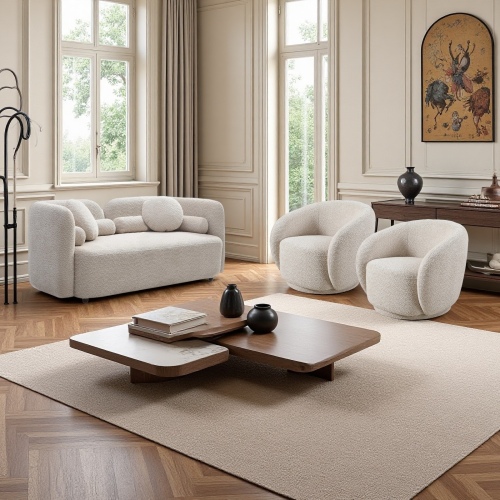 3-Piece Light Beige Boucle Loveseat and Swivel Chair Living Room Set